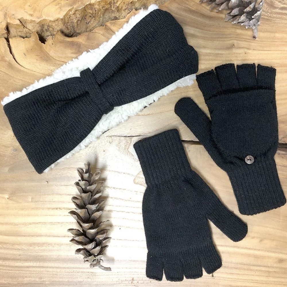 Bearpaw headwear and pop top fingerless gloves
